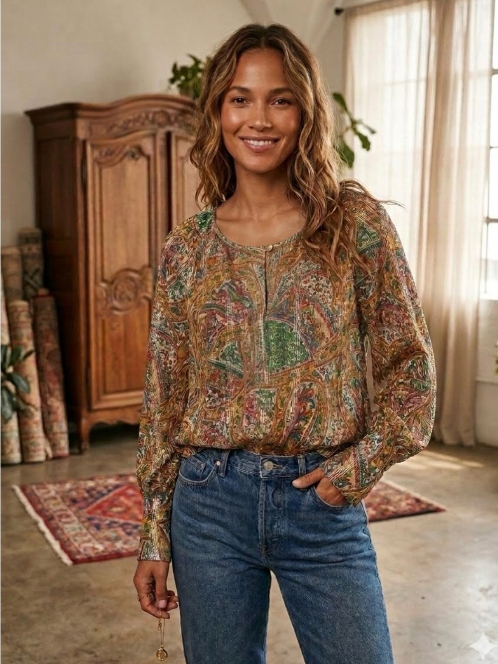 MILLE Multi-Color Paisley Lurex Shimmer Blouse Size XS